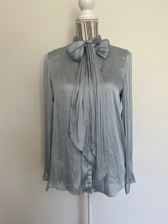 Zara Tops - Zara - Dusty Blue Satin Bow-Neck Blouse